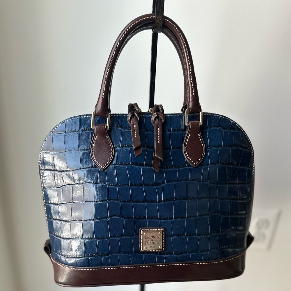 Dooney & Bourke Midnight Blue Croc “Zip-Zip”Embossed Satchel with Brown Trim